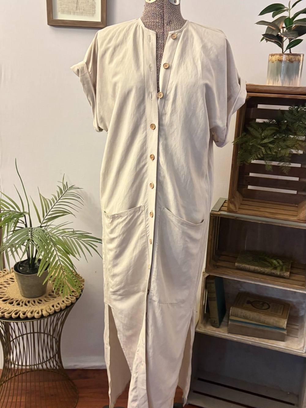 Emerson Fry NWT Button Down Dress Long XS Linen Viscose Short Sleeve Beige